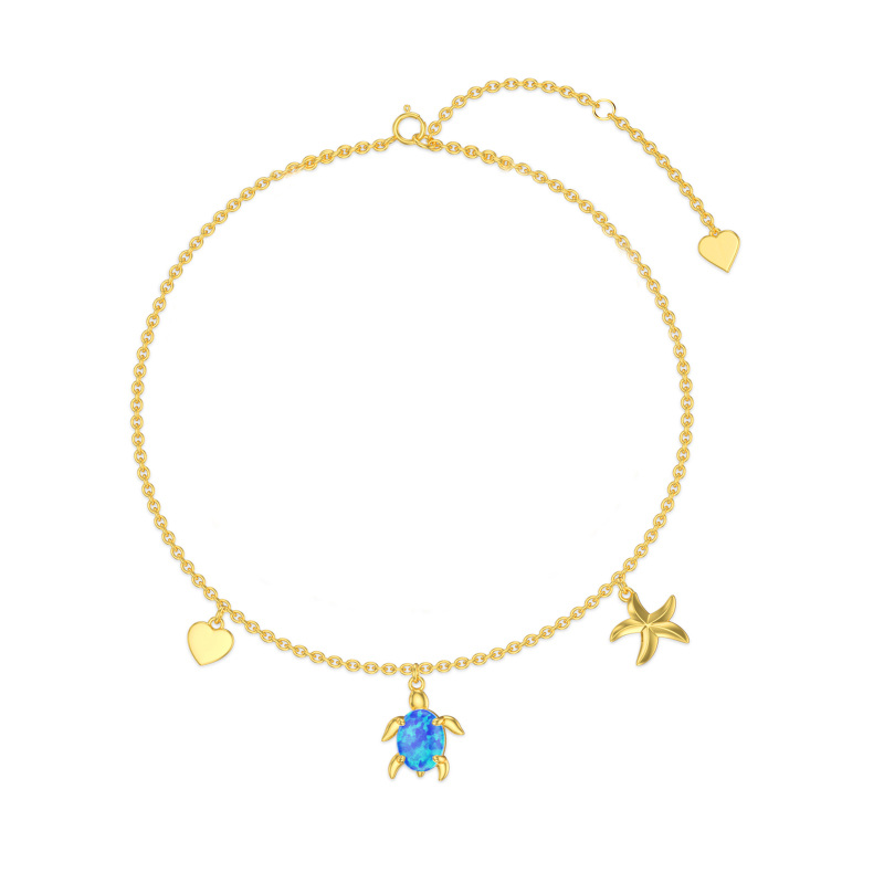 10K Gold Oval Shaped Opal Sea Turtle Starfish & Shell Anklet-4
