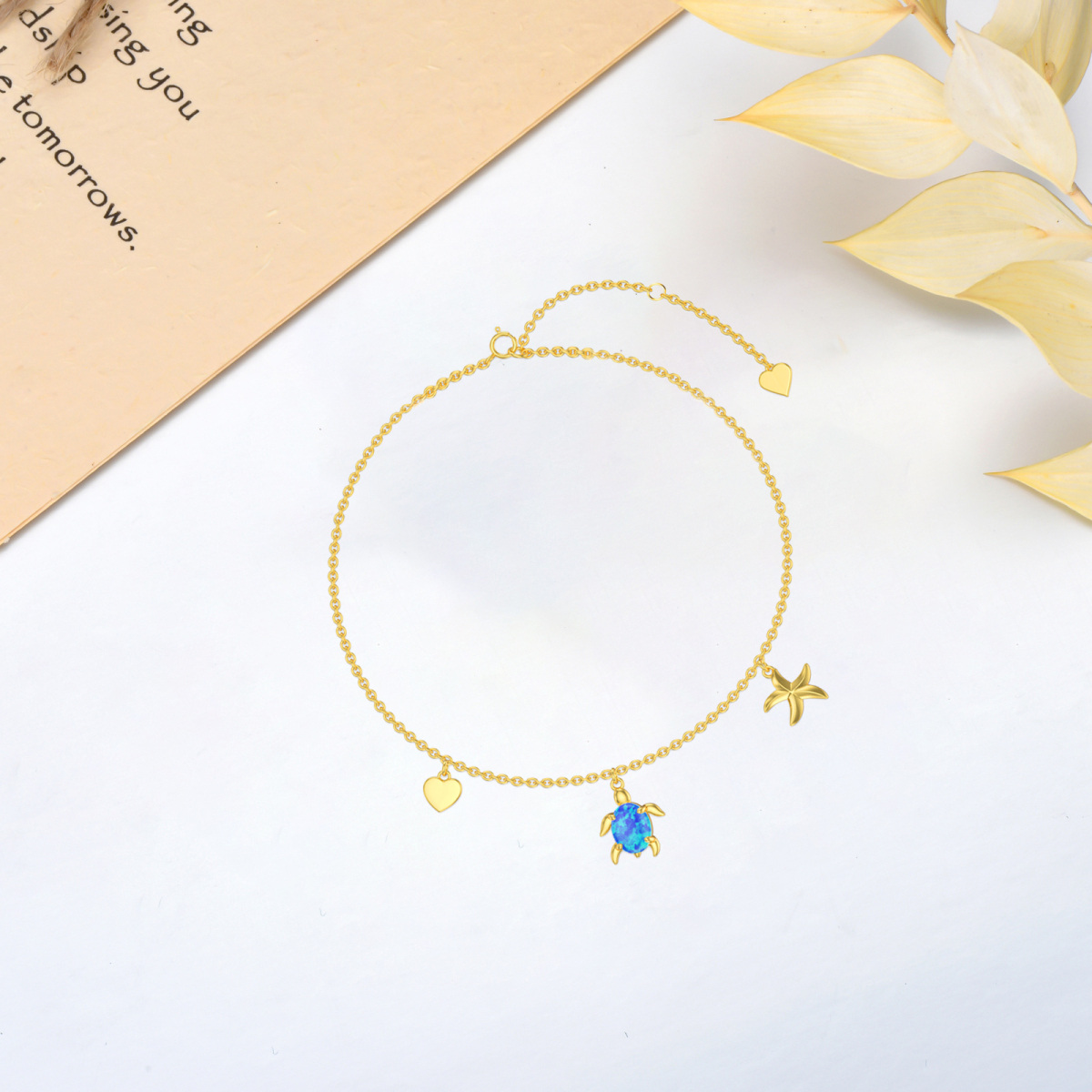 10K Gold Oval Shaped Opal Sea Turtle Starfish & Shell Anklet-2