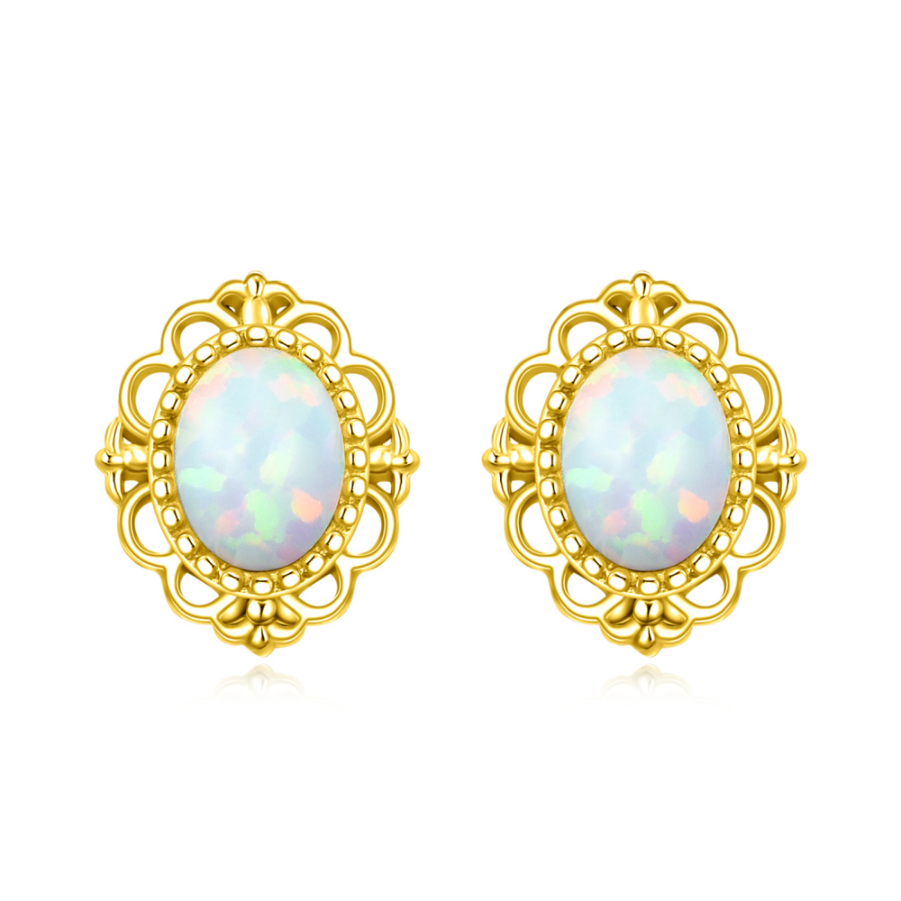 10K Yellow Gold Oval Opal Stud Earrings For Women-1