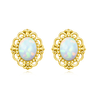 10K Yellow Gold Oval Opal Stud Earrings For Women-23