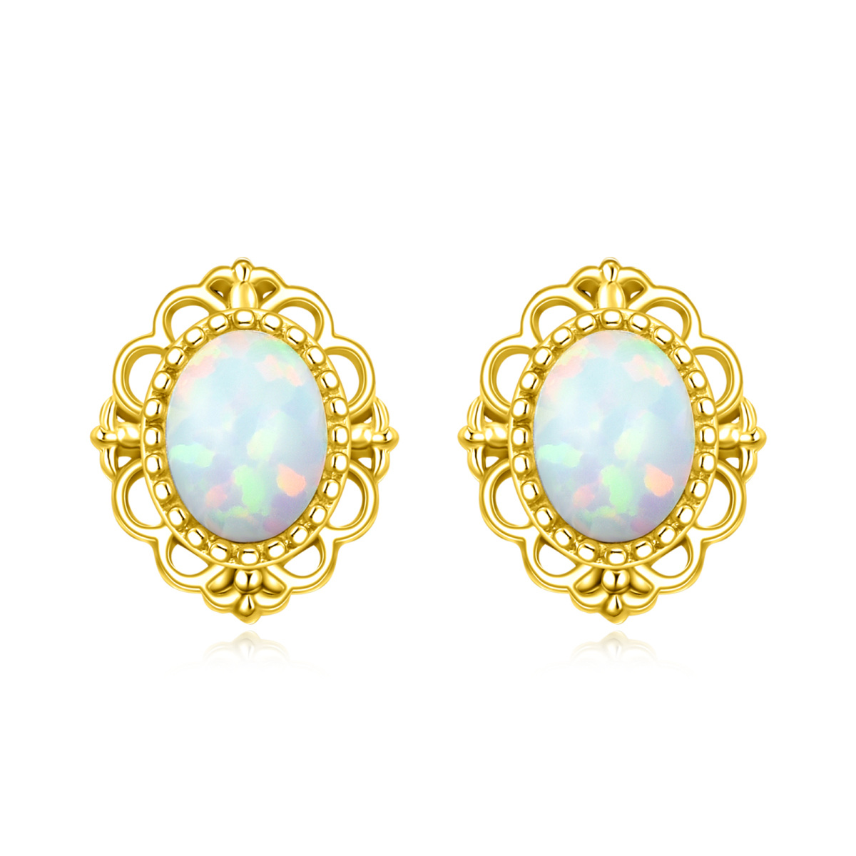 14K Yellow Gold Oval Opal Stud Earrings For Women