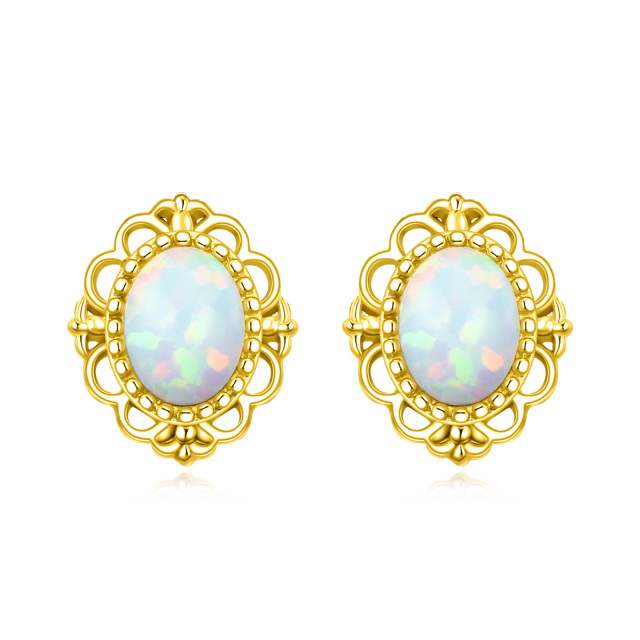 14K Gold Oval Shaped Opal Oval Shaped Stud Earrings-1