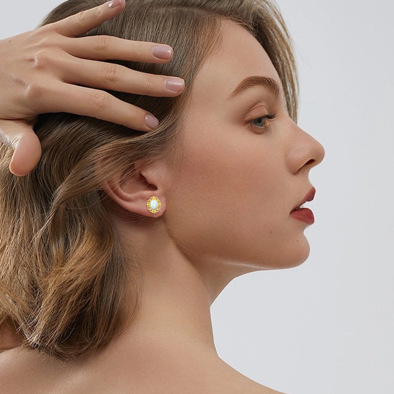 Brincos de opala oval em ouro amarelo 10K para mulheres-2