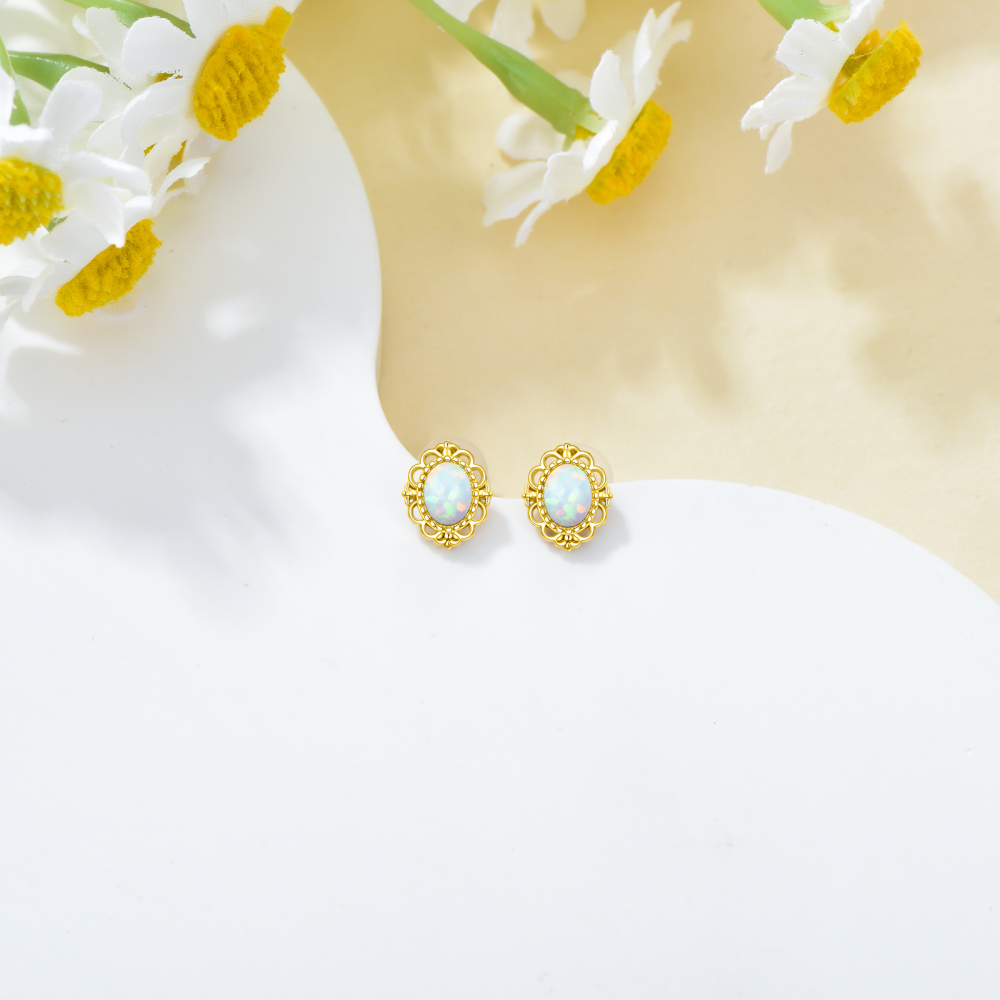 10K Yellow Gold Oval Opal Stud Earrings For Women-3