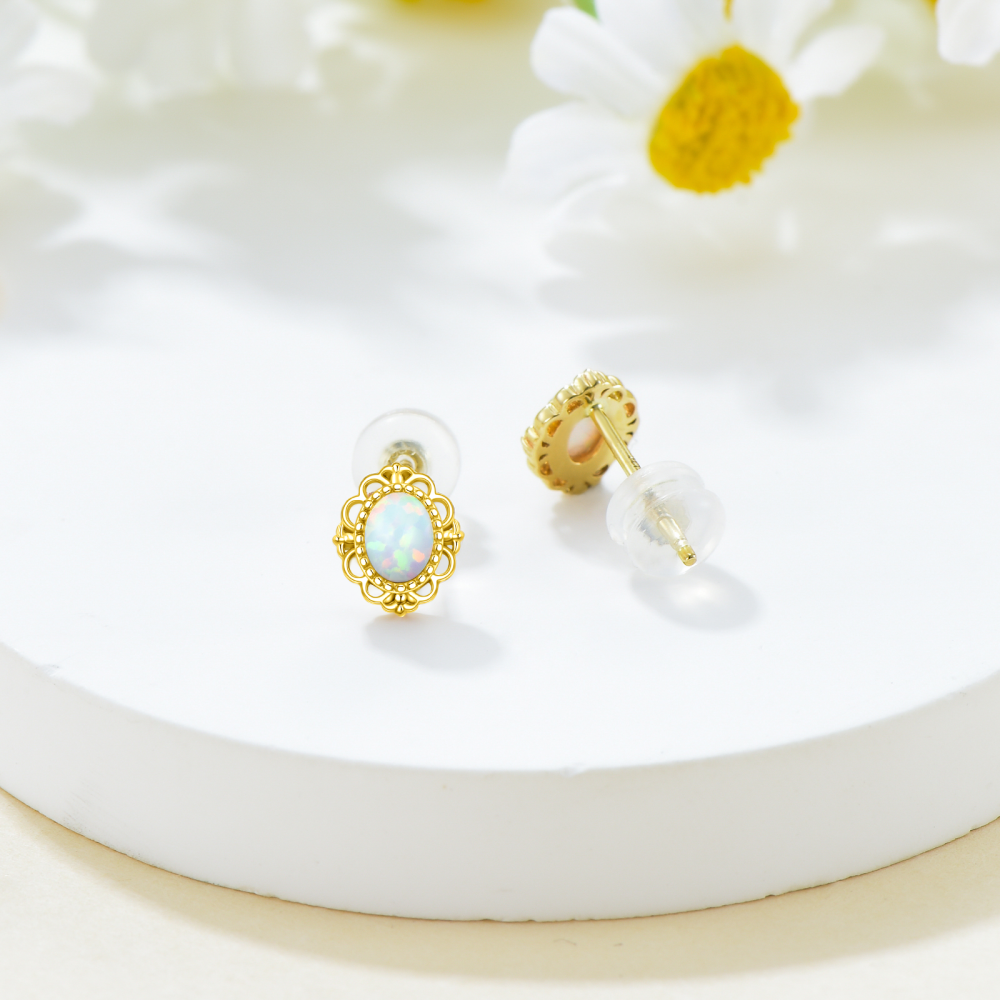 10K Yellow Gold Oval Opal Stud Earrings For Women-4
