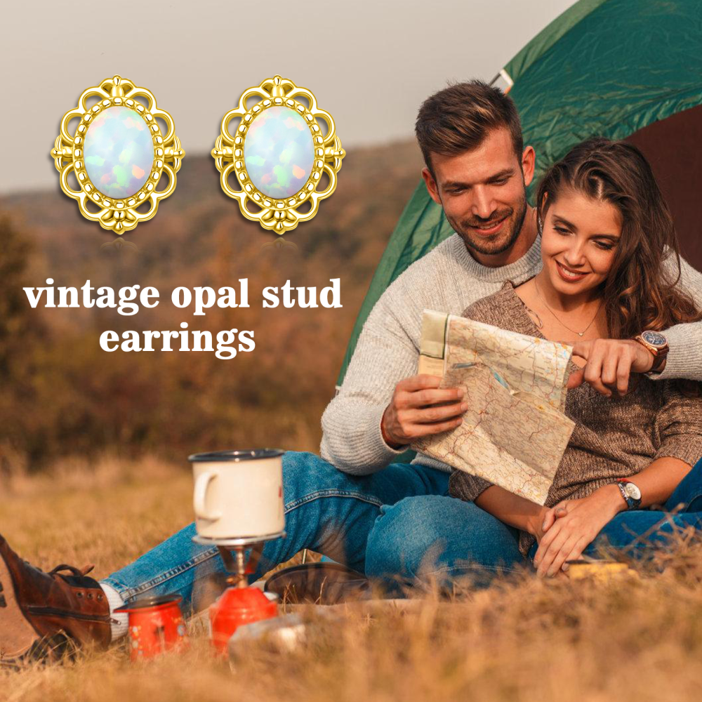 10K Yellow Gold Oval Opal Stud Earrings For Women-6