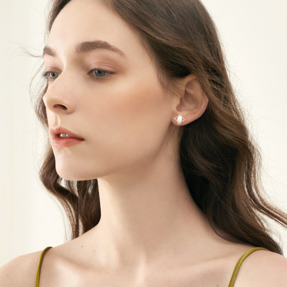 10K Gold Oval Opal Vintage Flower Stud Earrings Hypoallergenic Jewelry-2