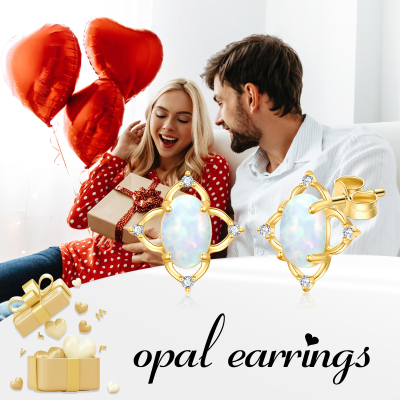 Boucles d'oreilles puces ovales en or 10 carats avec opale, style vintage, en forme de fleur. Bijoux hypoallergéniques.-6