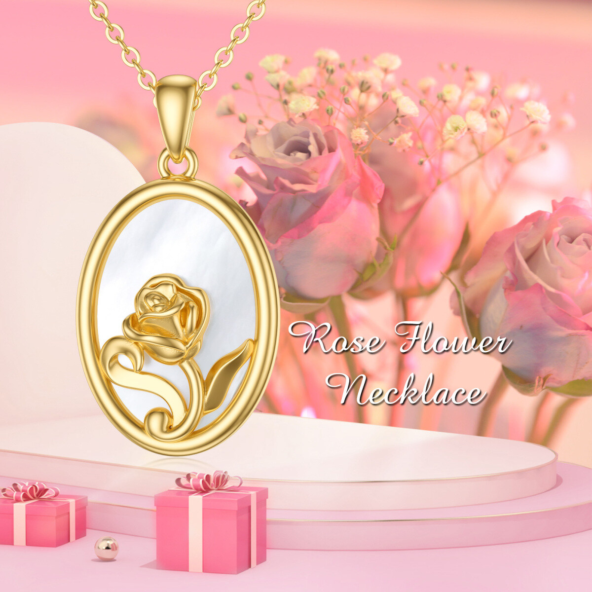 10K Gold Oval Shaped Pearl Rose Pendant Necklace-4