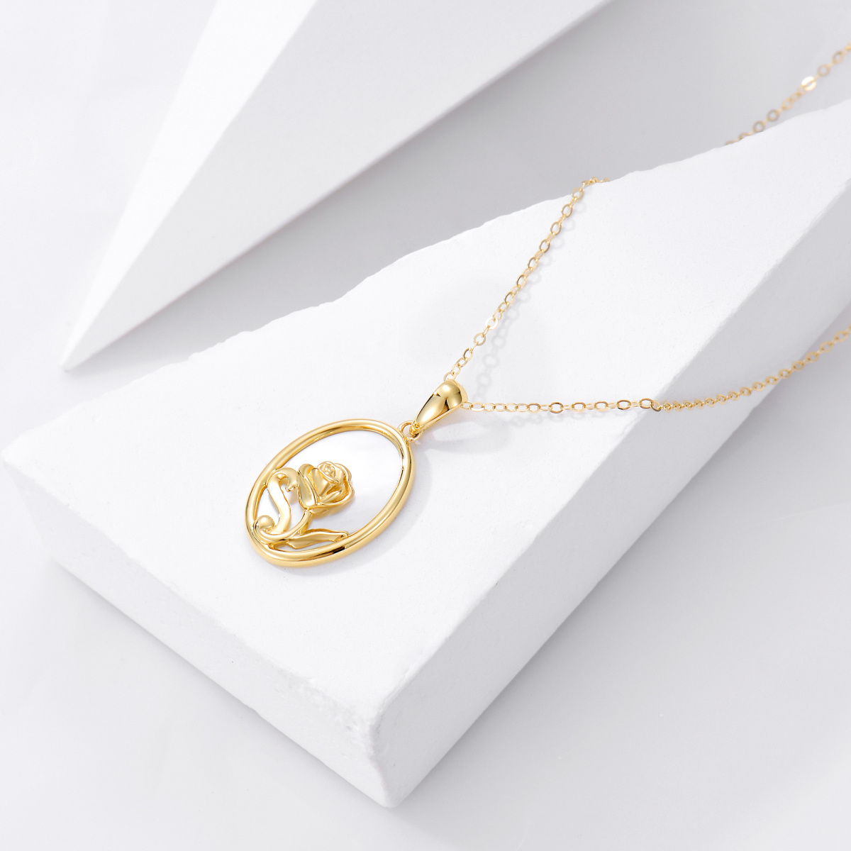 10K Gold Oval Shaped Pearl Rose Pendant Necklace-5