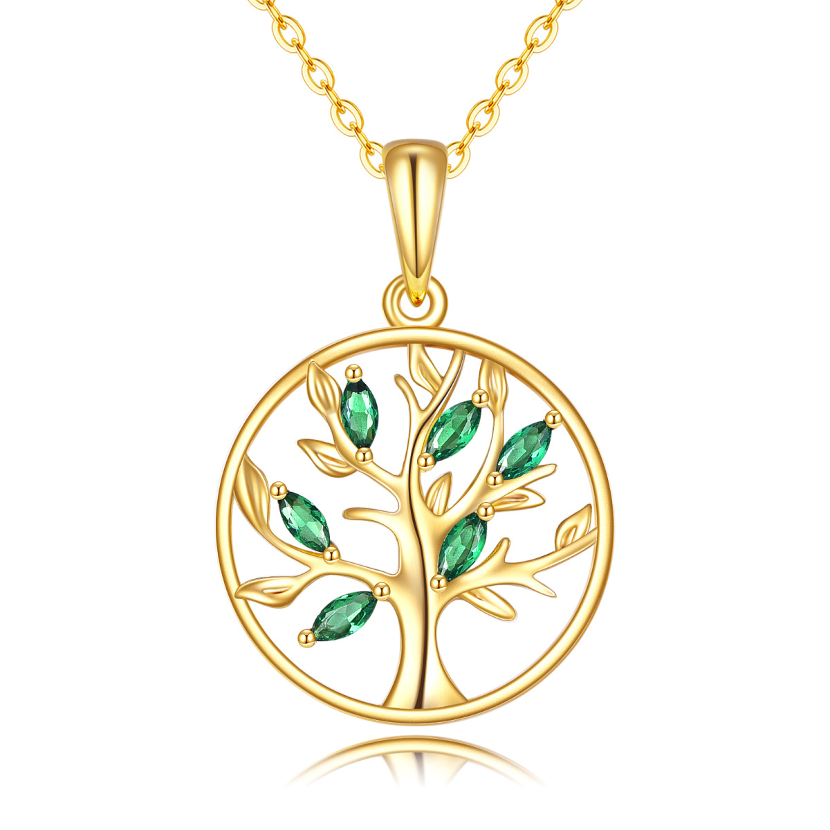 14K Gold Oval Shaped Cubic Zirconia Tree Of Life Pendant Necklace-1