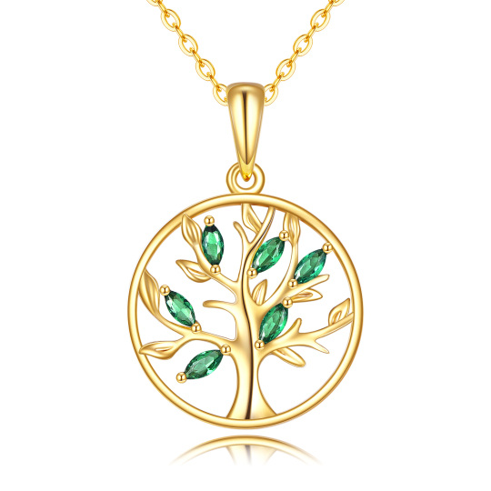 14K Gold Oval Shaped Cubic Zirconia Tree Of Life Pendant Necklace