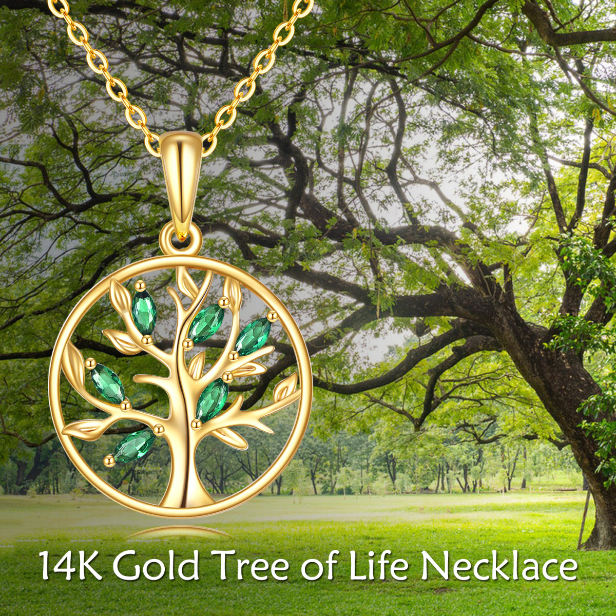 Collier pendentif arbre de vie en or 14K à zircon cubique ovale-2