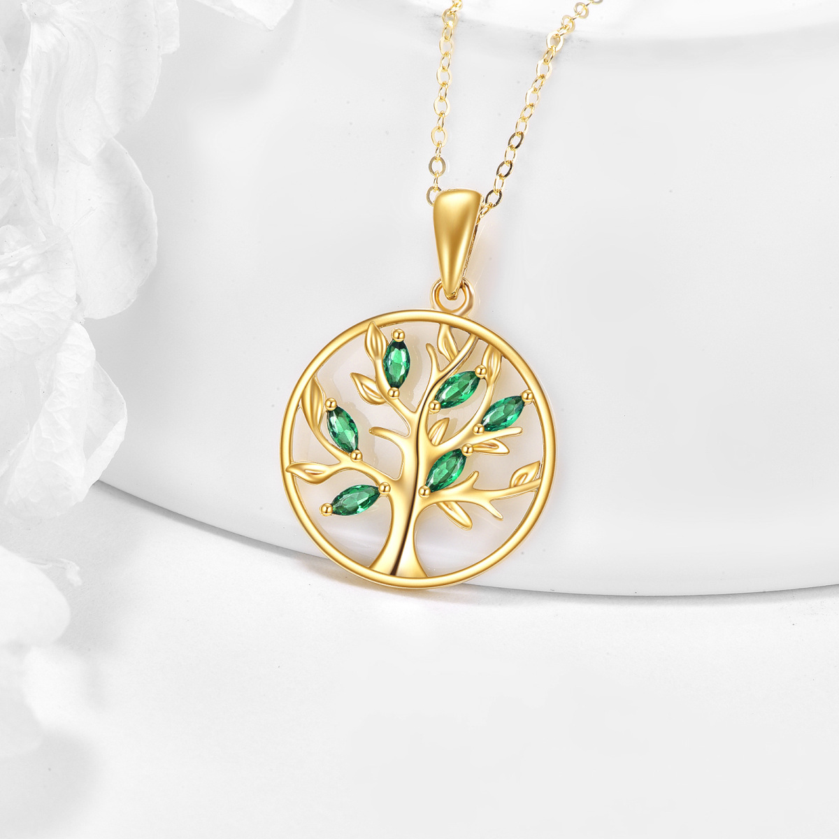 14K Gold Oval Shaped Cubic Zirconia Tree Of Life Pendant Necklace-3