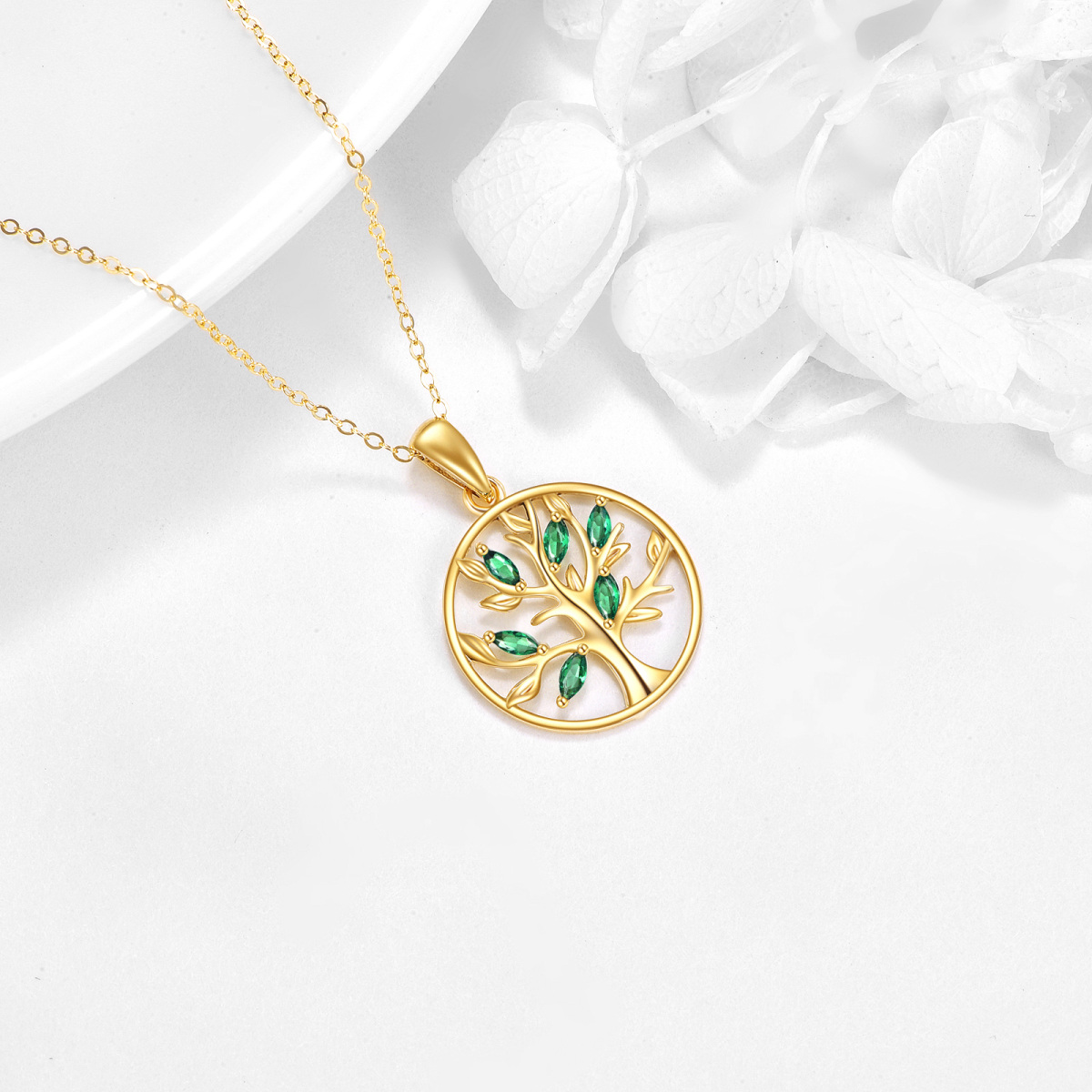 10K Gold Oval Shaped Cubic Zirconia Tree Of Life Pendant Necklace-4