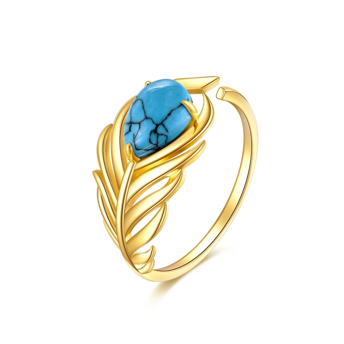 Bague ouverte en forme de plume turquoise de forme ovale en or 14 carats-1