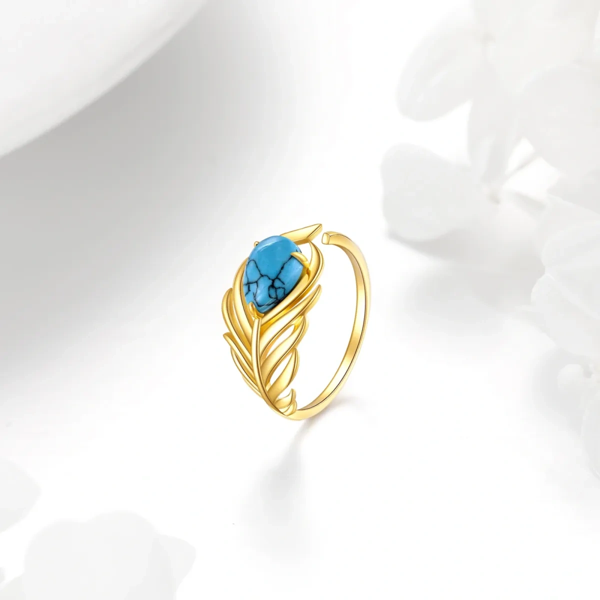 14K Gold Oval Shaped Turquoise Feather Open Ring-3