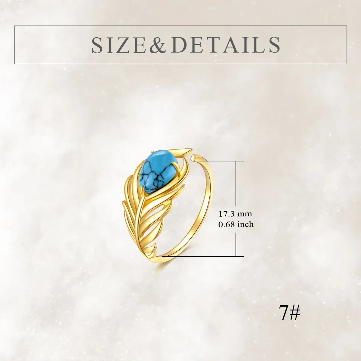 10K Gold Oval Shaped Turquoise Feather Open Ring-5