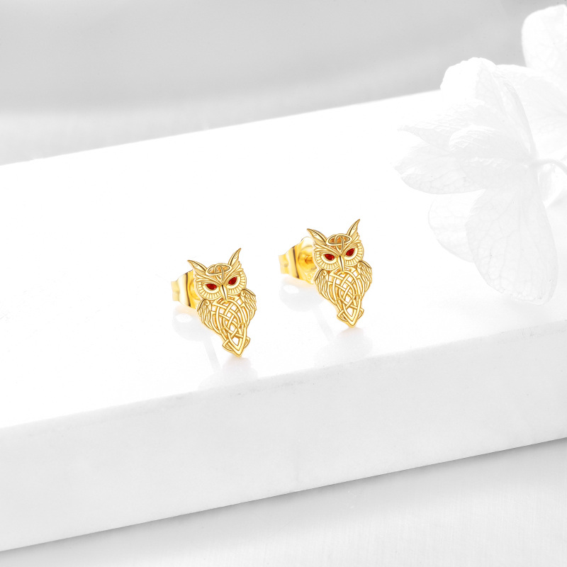 10K Gold Cubic Zirconia Owl & Celtic Knot Stud Earrings-3