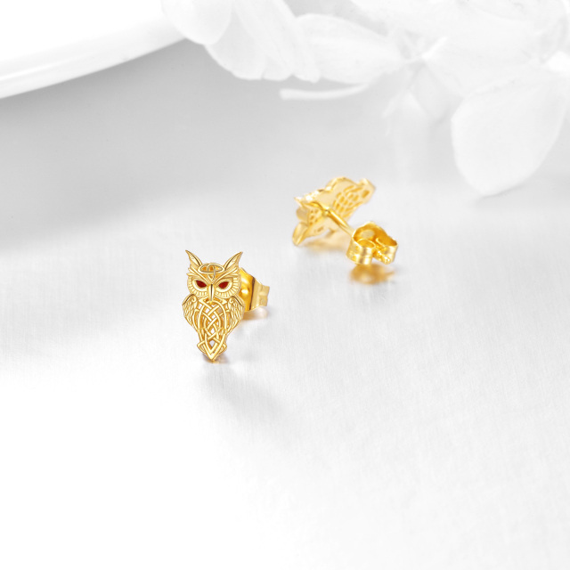 14K Gold Cubic Zirconia Owl & Celtic Knot Stud Earrings-4