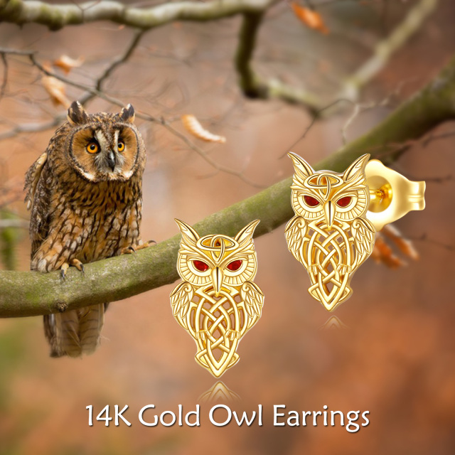 14K Gold Cubic Zirconia Owl & Celtic Knot Stud Earrings-6