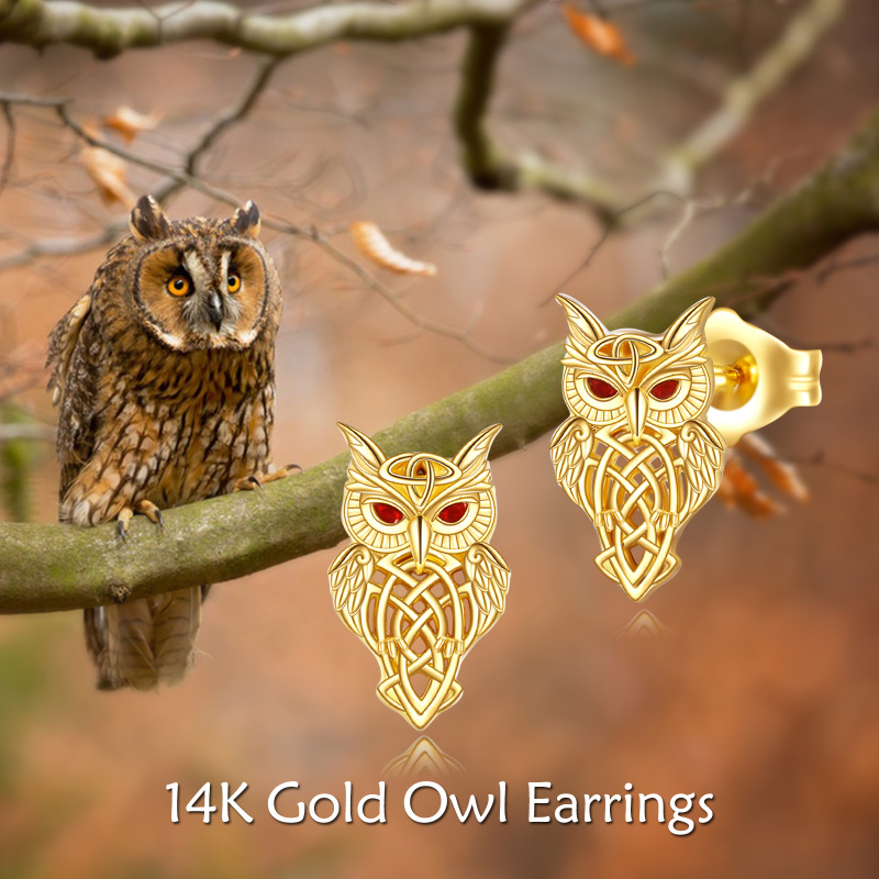 10K Gold Cubic Zirconia Owl & Celtic Knot Stud Earrings-6
