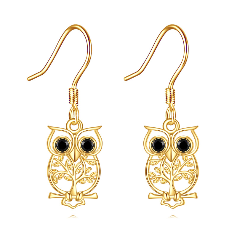 10K Gold Cubic Zirconia Owl Drop Earrings-14