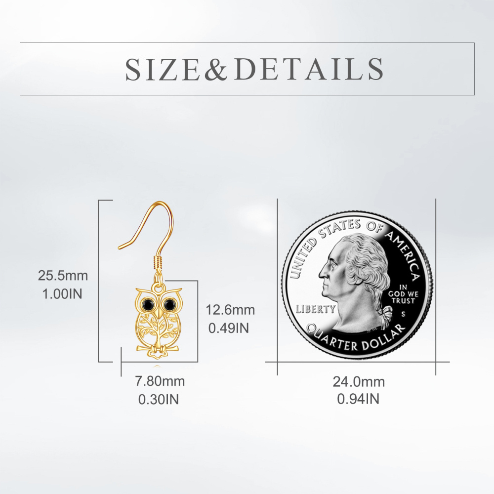 Pendientes colgantes de búho con circonita cúbica en oro de 14 quilates-5