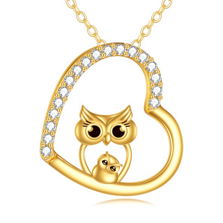 14K Gold Cubic Zirconia Owl & Heart Pendant Necklace-2