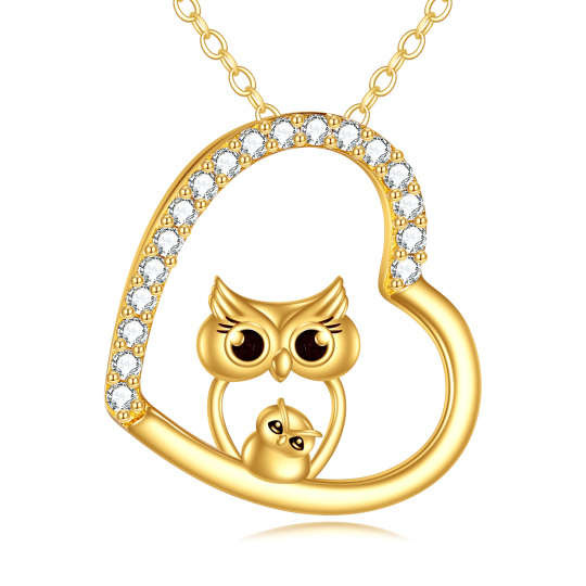 Collier pendentif hibou et coeur en or 14K à zircons cubiques