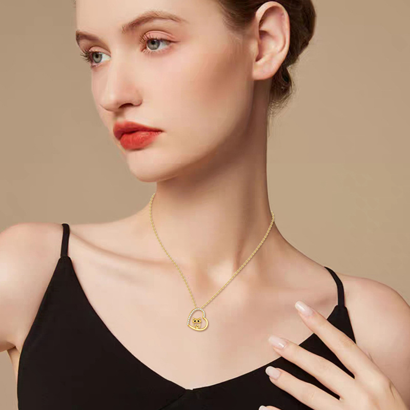 10K Gold Cubic Zirconia Owl & Heart Pendant Necklace-2