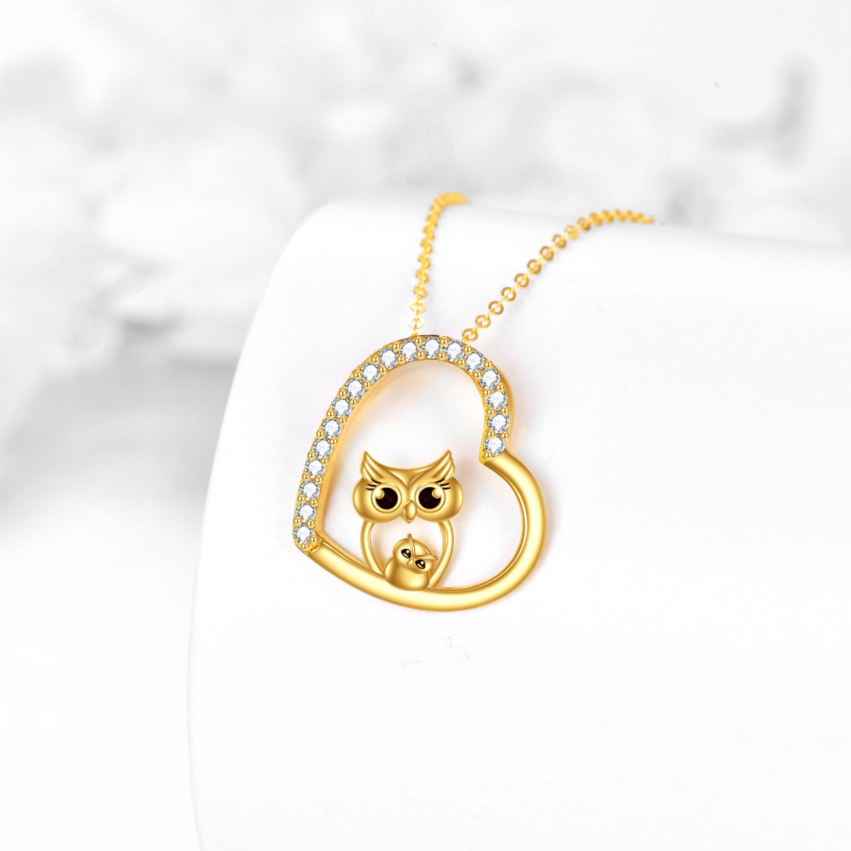 14K Gold Cubic Zirconia Owl & Heart Pendant Necklace-3