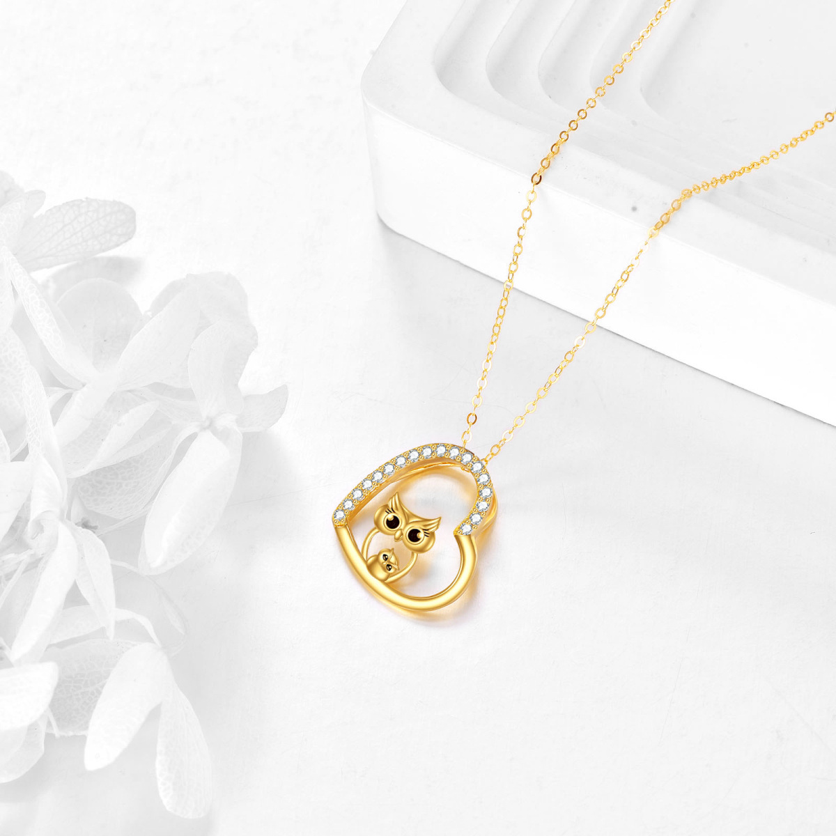 14K Gold Cubic Zirconia Owl & Heart Pendant Necklace-4