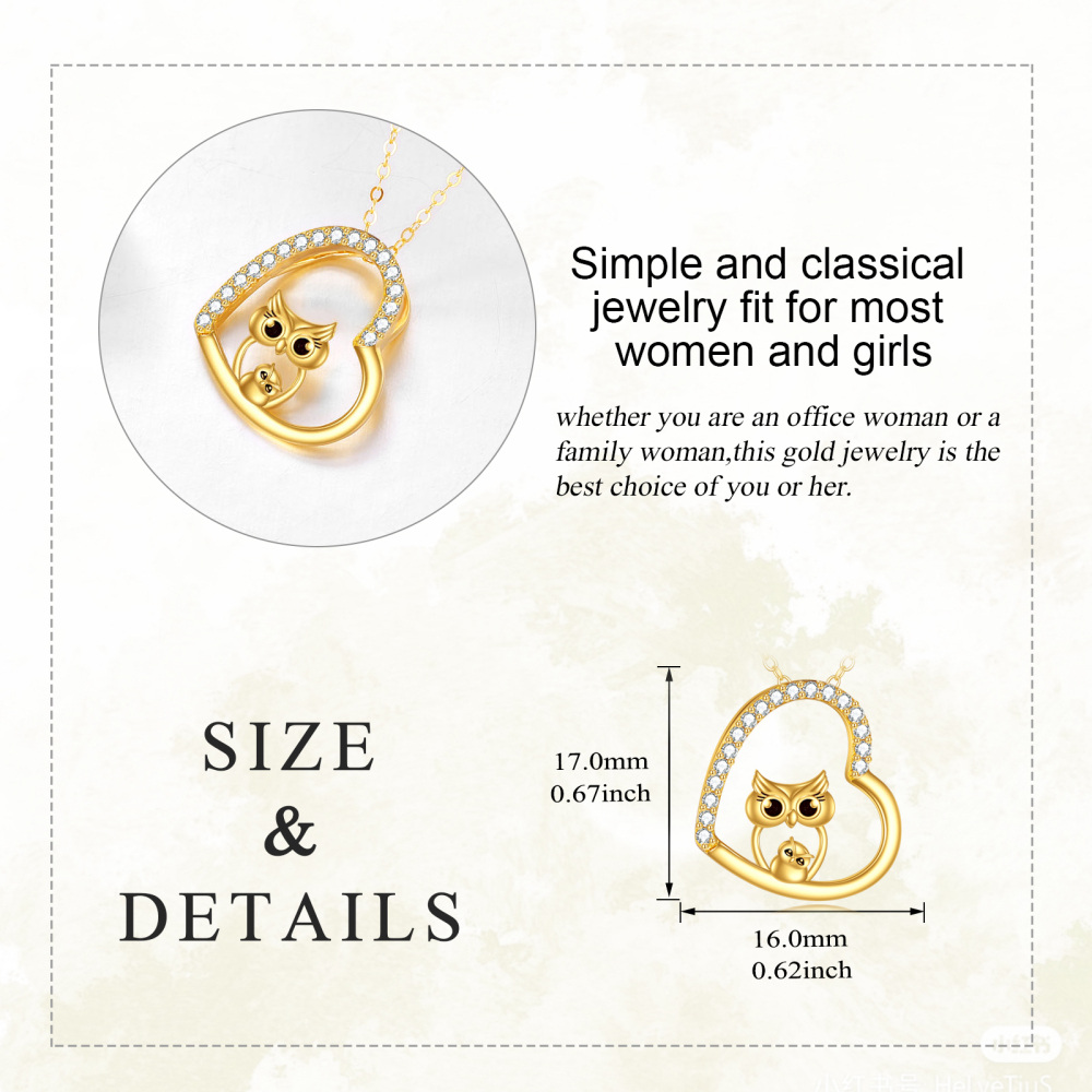 10K Gold Cubic Zirconia Owl & Heart Pendant Necklace-5