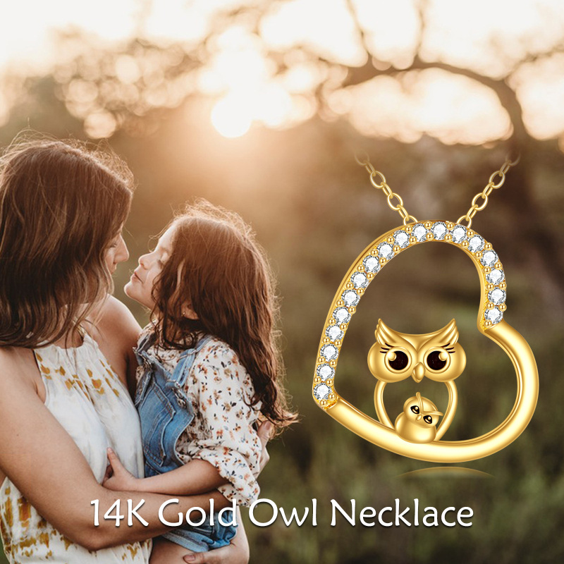 10K Gold Cubic Zirconia Owl & Heart Pendant Necklace-6