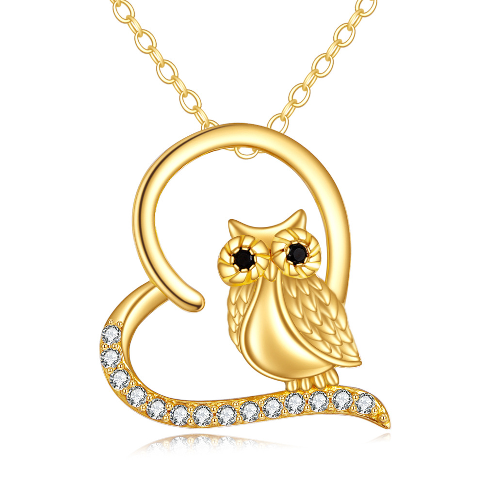 10K Gold Cubic Zirconia Owl & Heart Pendant Necklace-1