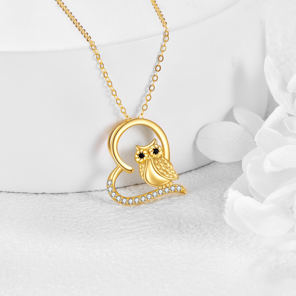 10K Gold Cubic Zirconia Owl & Heart Pendant Necklace-3