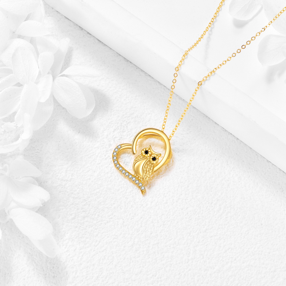 10K Gold Cubic Zirconia Owl & Heart Pendant Necklace-4