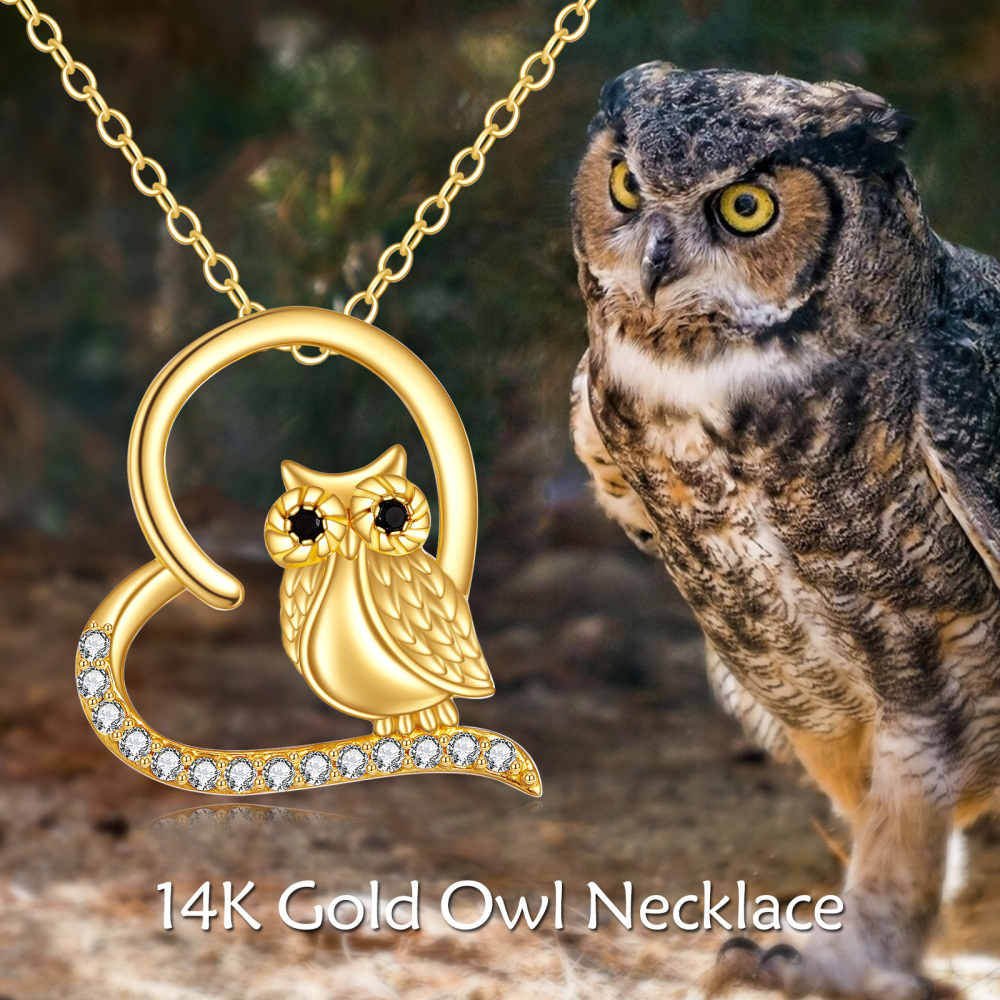 10K Gold Cubic Zirconia Owl & Heart Pendant Necklace-5