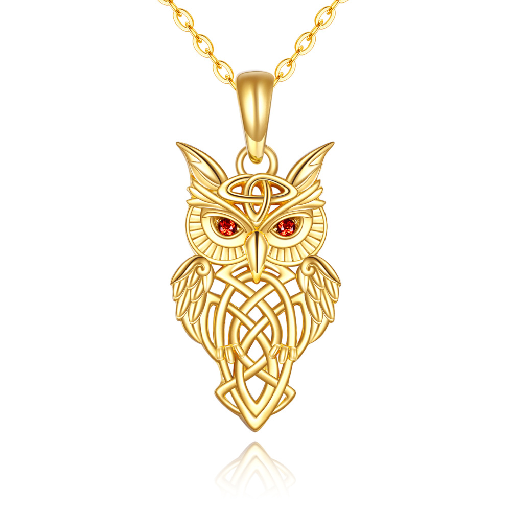 10K Gold Cubic Zirconia Owl Irish Celtic Knot Pendant Necklace-1