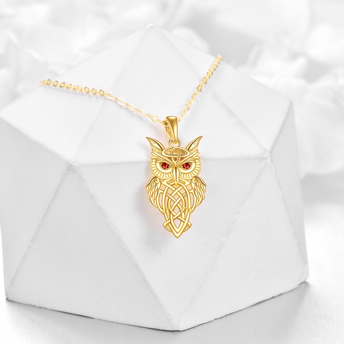 14K Gold Cubic Zirconia Owl Irish Celtic Knot Pendant Necklace-3