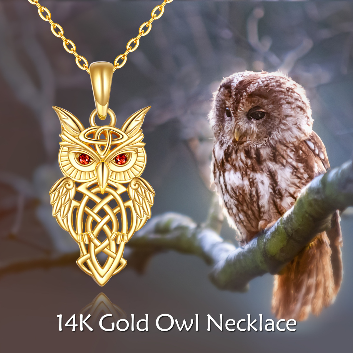 14K Gold Cubic Zirconia Owl Irish Celtic Knot Pendant Necklace-5