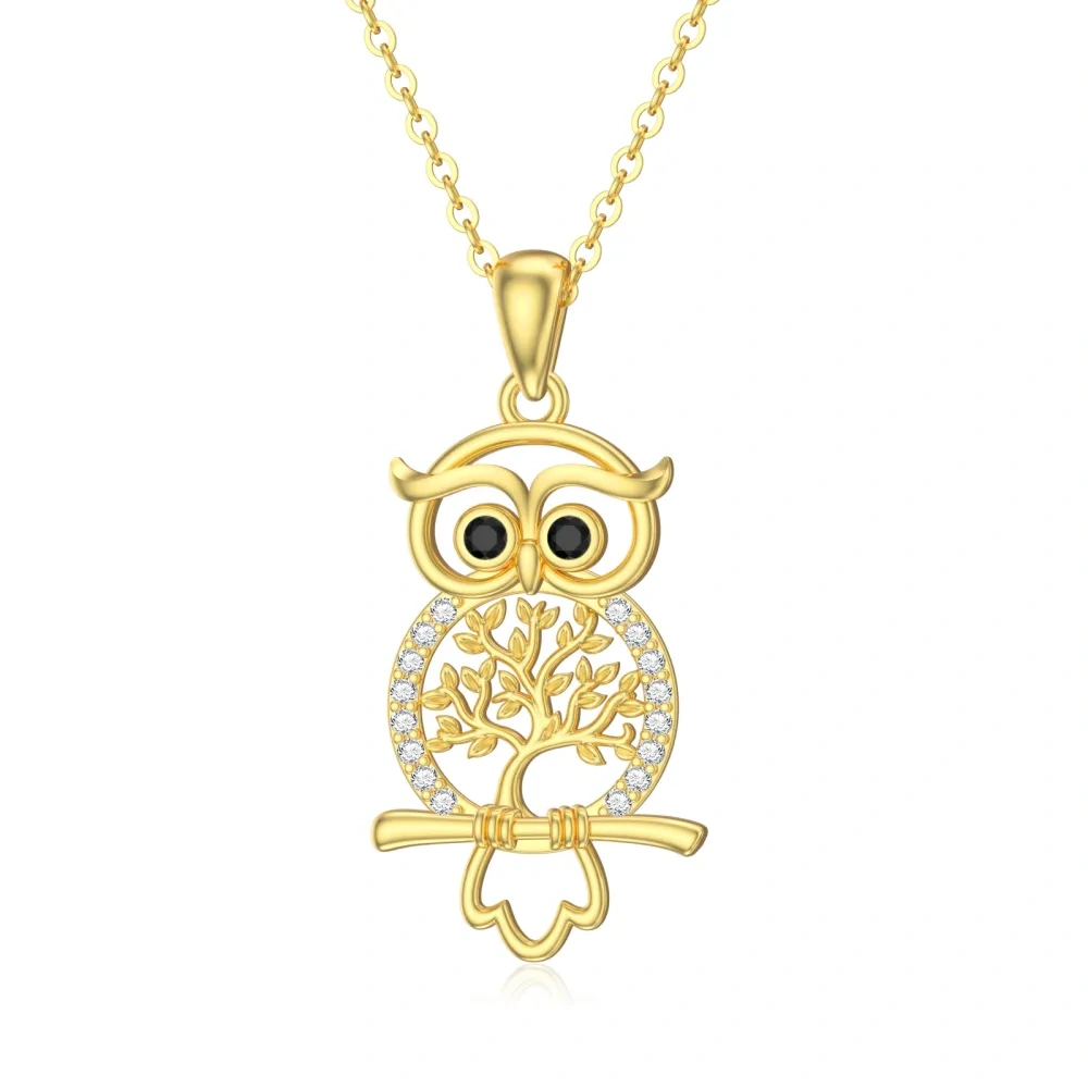 Collar colgante de oro de 14 quilates con circonita cúbica Búho en el árbol de la vida-1