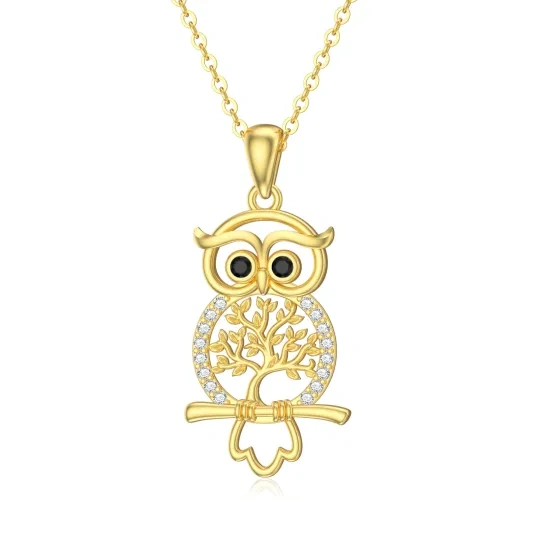 Collier en or 14K avec pendentif hibou en zircon cubique sur arbre de vie