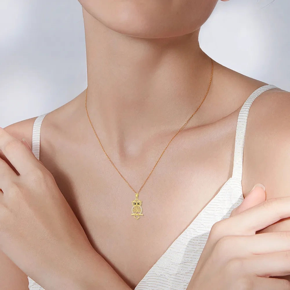 Collar colgante de oro de 14 quilates con circonita cúbica Búho en el árbol de la vida-2