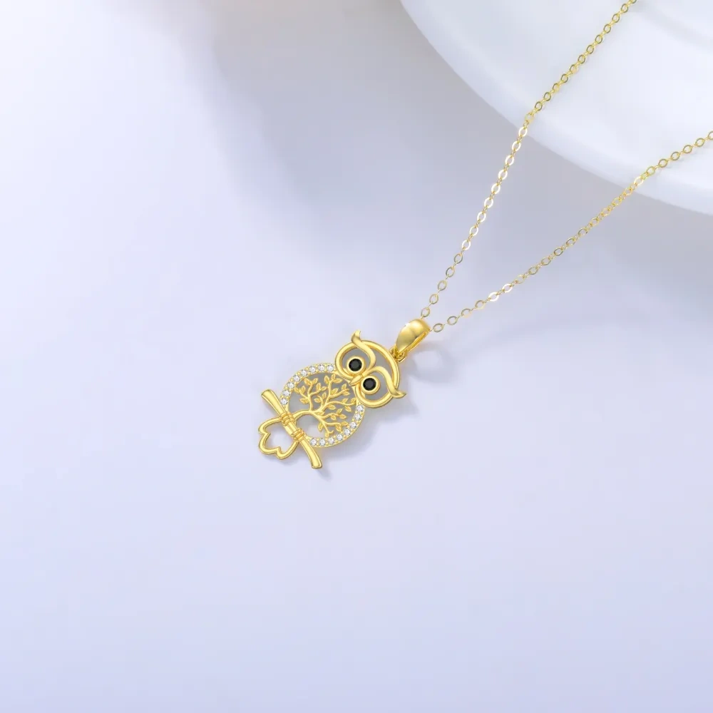 Collar colgante de oro de 14 quilates con circonita cúbica Búho en el árbol de la vida-3