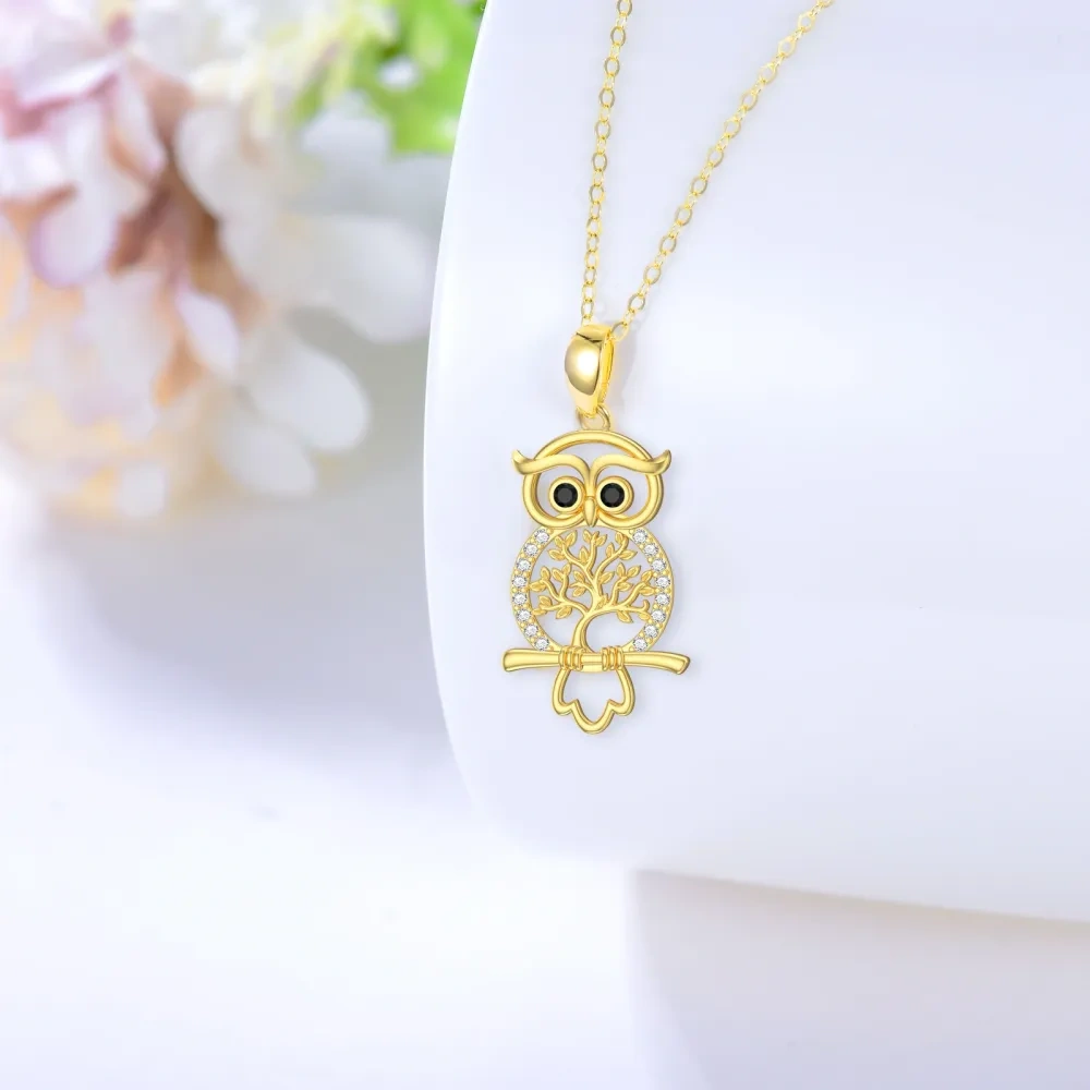 Collar colgante de oro de 14 quilates con circonita cúbica Búho en el árbol de la vida-4