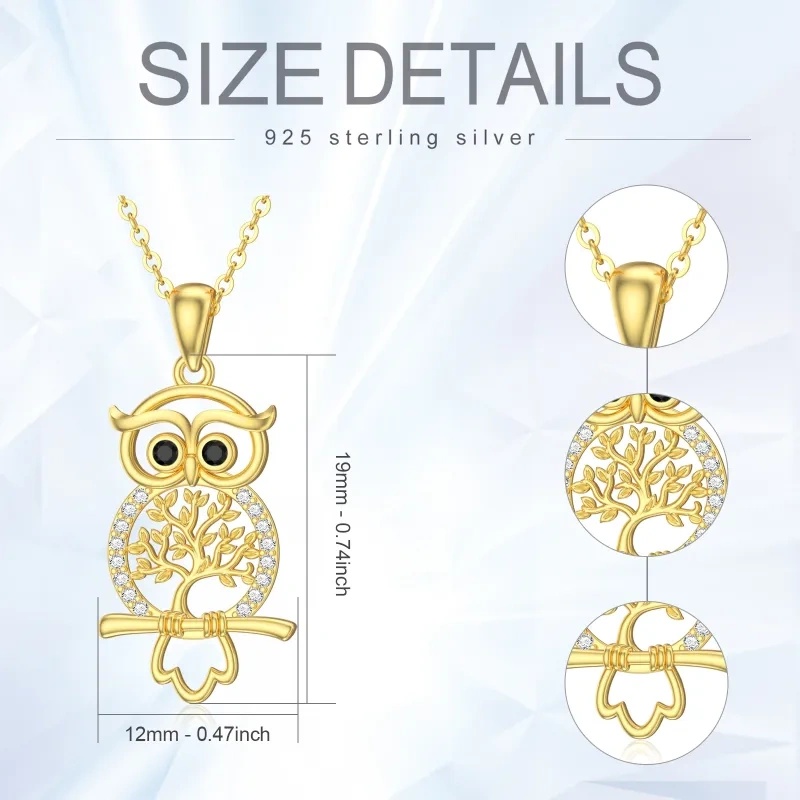 14-karatowy złoty naszyjnik z cyrkoniami Sowa na drzewie życia-5