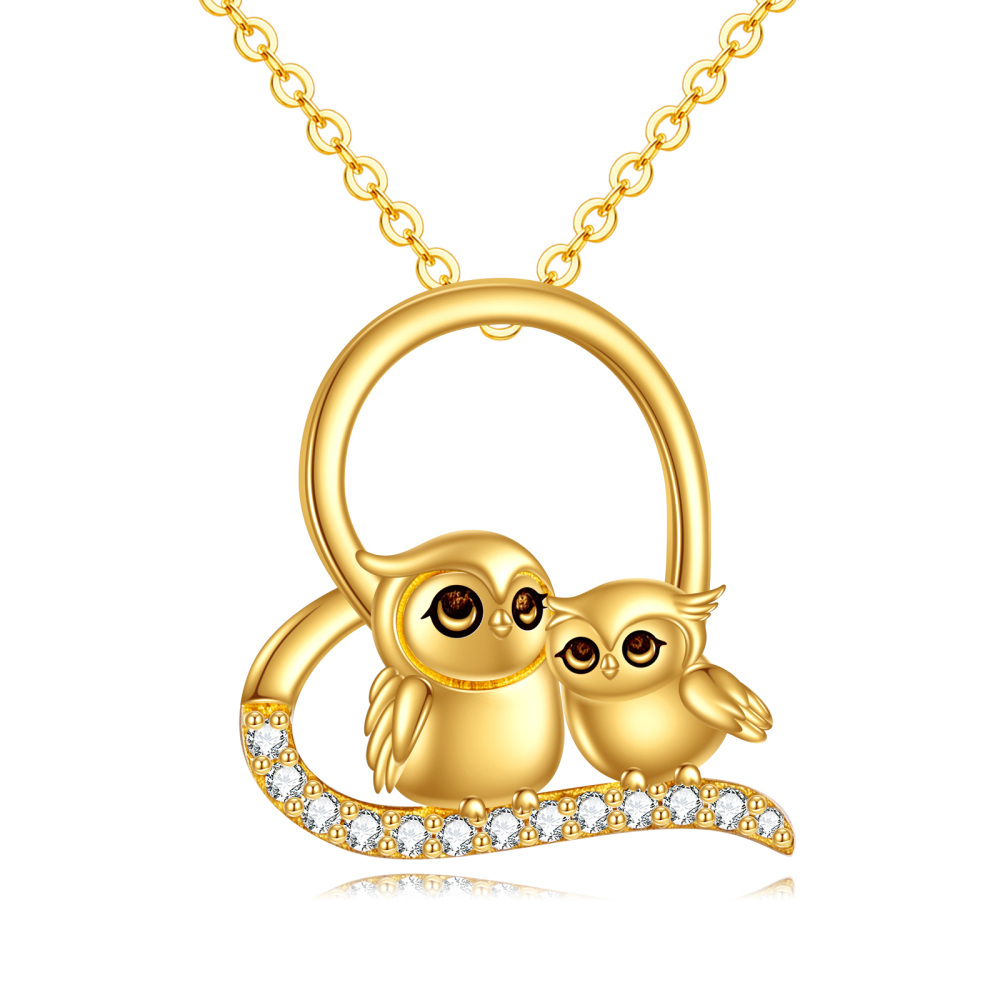 10K Gold Cubic Zirconia Owl Parent & Child Heart Pendant Necklace-1