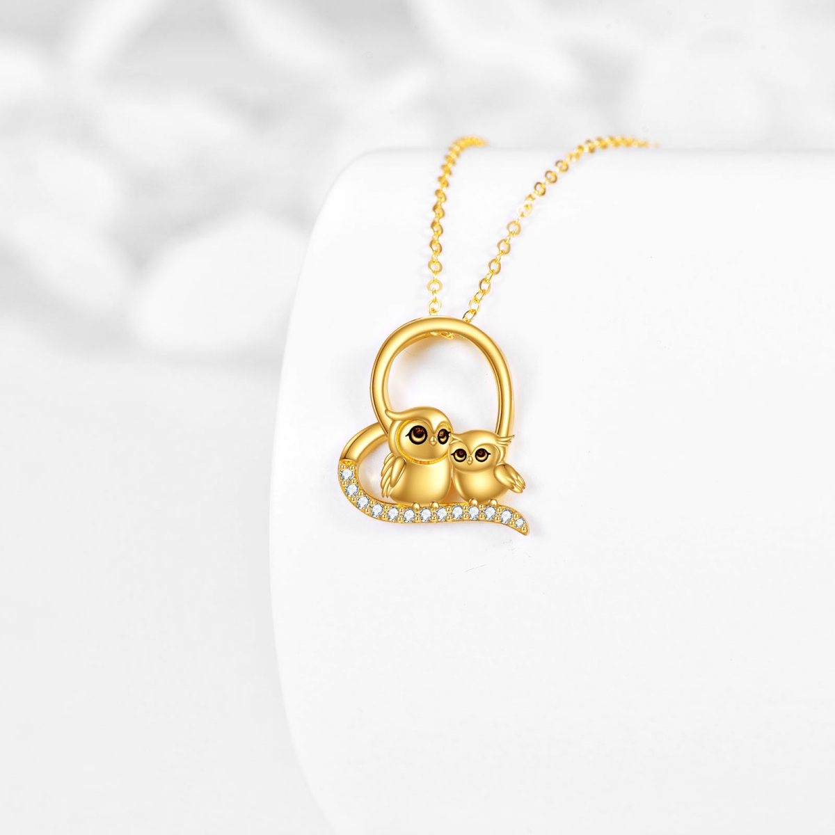 14K Gold Cubic Zirconia Owl Parent & Child Heart Pendant Necklace-3